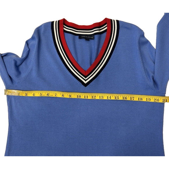 TOMMY HILFIGER Women V-Neck Sweater Sz L Blue Cotton Pullover Casual Preppy - Picture 3 of 7